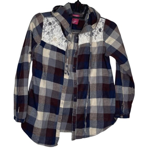 Rustic Outfitters Women's Plaid Lace Hooded Button Shirt Medium Capsule Cotton - Picture 1 of 7